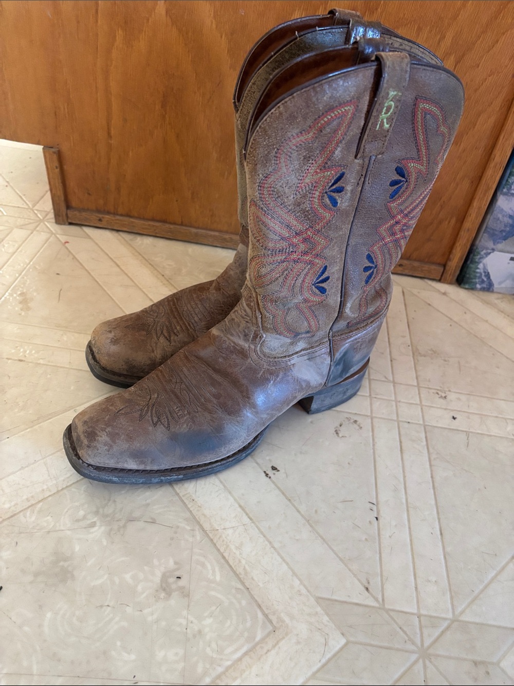 Tony Lama Brown Leather Women's Cowboy Boots with Blue & Red Stitching